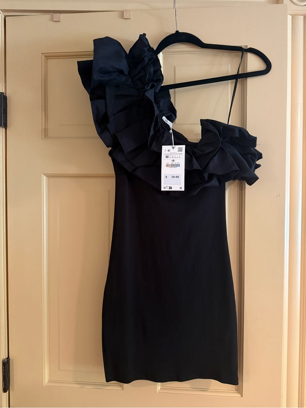 Zara One-Shoulder Black Ruffle Mini Dress